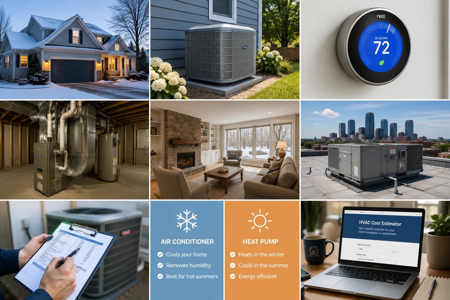 A collage of Minnesota home HVAC equipment and decisions: a snowy suburban home, an outdoor central air conditioner, a smart thermostat set to 72°F, a basement gas furnace with ductwork, a living room with a fireplace, a rooftop unit above the Minneapolis skyline, a homeowner reviewing an inspection checklist, an air-conditioner-versus-heat-pump comparison panel, and a laptop showing an HVAC cost estimator.